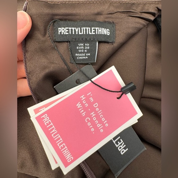 NWT PrettyLittleThings Chocolate Brown Boat Neck Satin Fishtail Midi Dress-US 6 - Picture 11 of 14